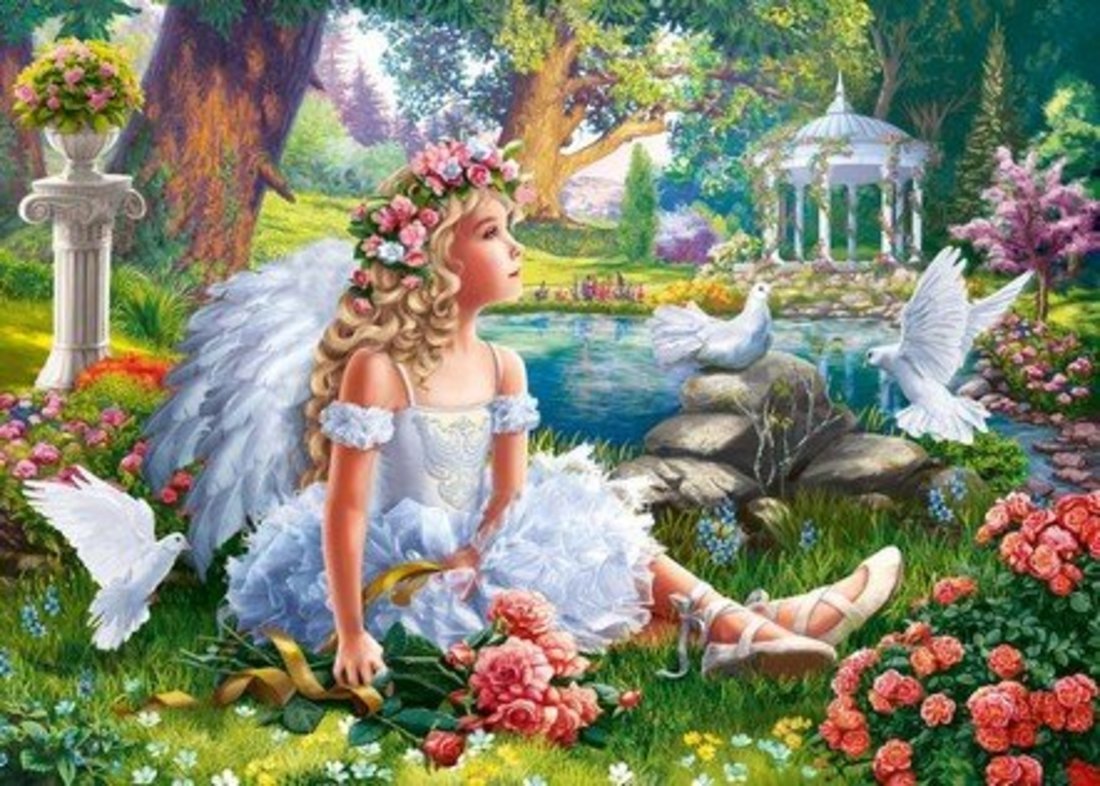 Алмазная мозаика Ангелочек в летнем саду 40х50 см, 29 цв., полн. заполнение, c подр.