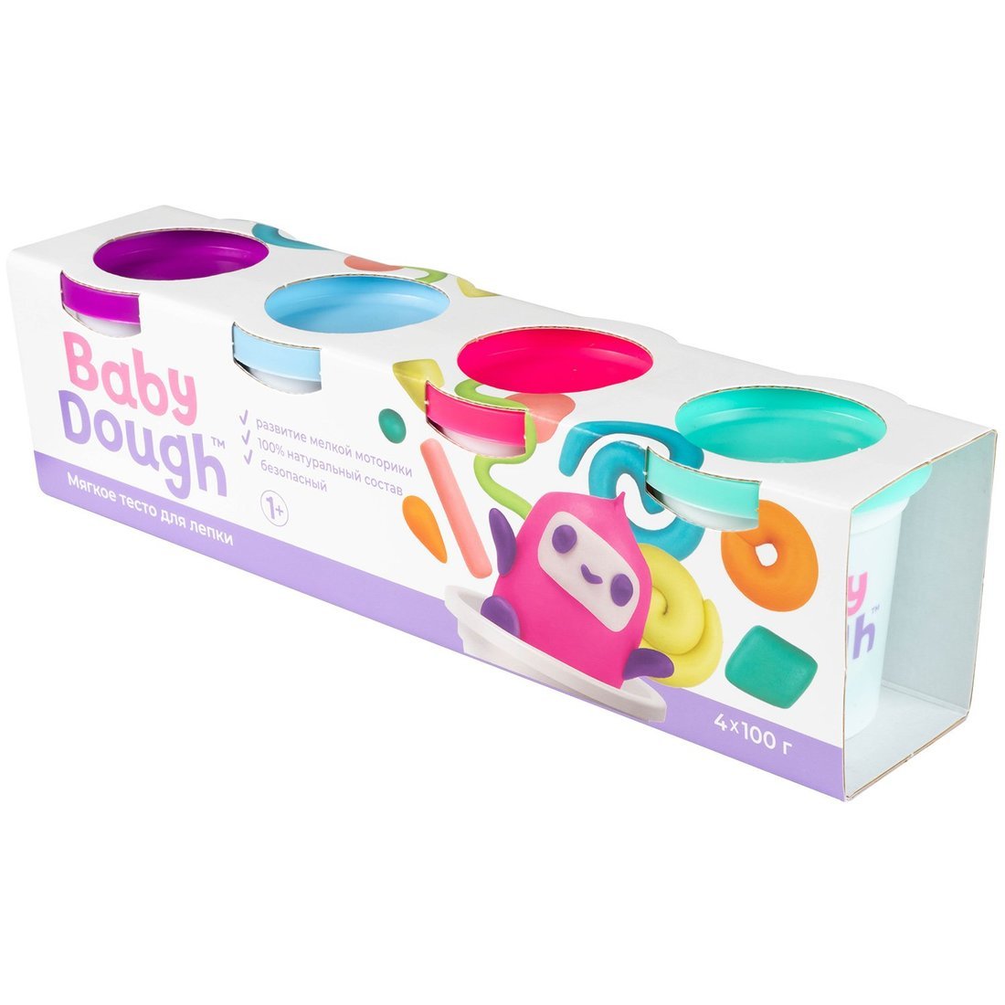 Тесто для лепки BabyDough, набор 4 цвета (фиолетовый, мятный, розовый, нежно-голубой)