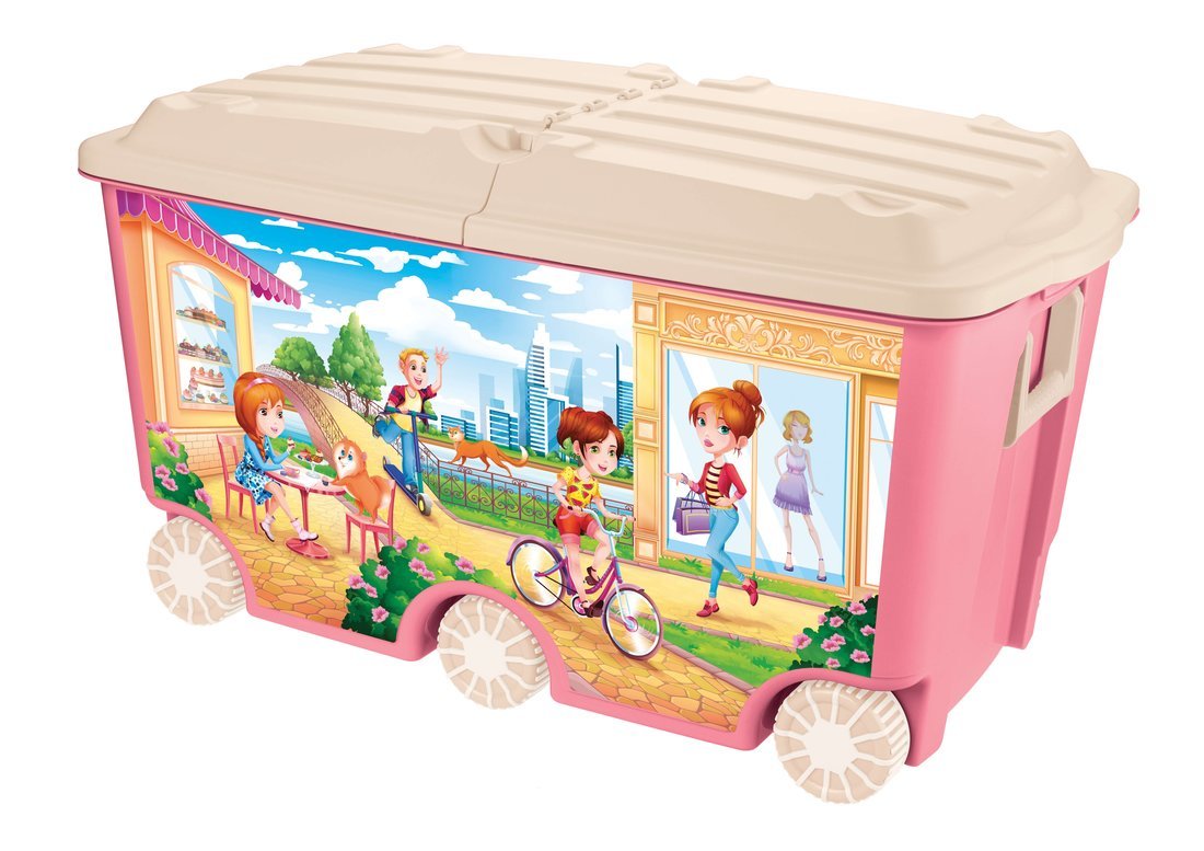 Ящик для игрушек на колесах с декором 66,5л розовый