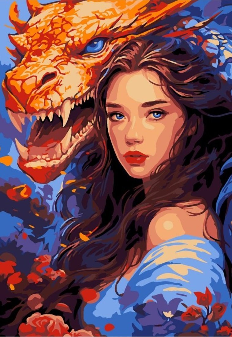Картина по номерам на картоне Девушка и дракон 20х28,5 см