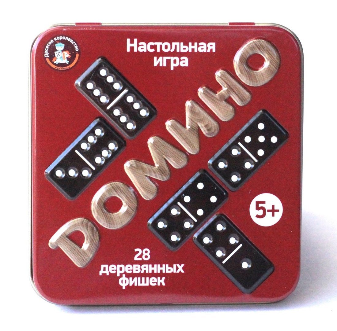 Настольная игра деревянная Домино, жестяная коробочка