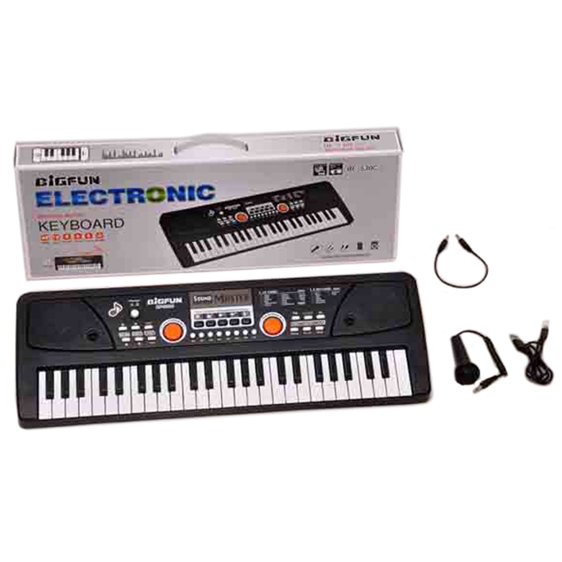 Синтезатор 49 клавиш, микрофон, шнур USB, шнур для подключения к телефону, запись, кор.