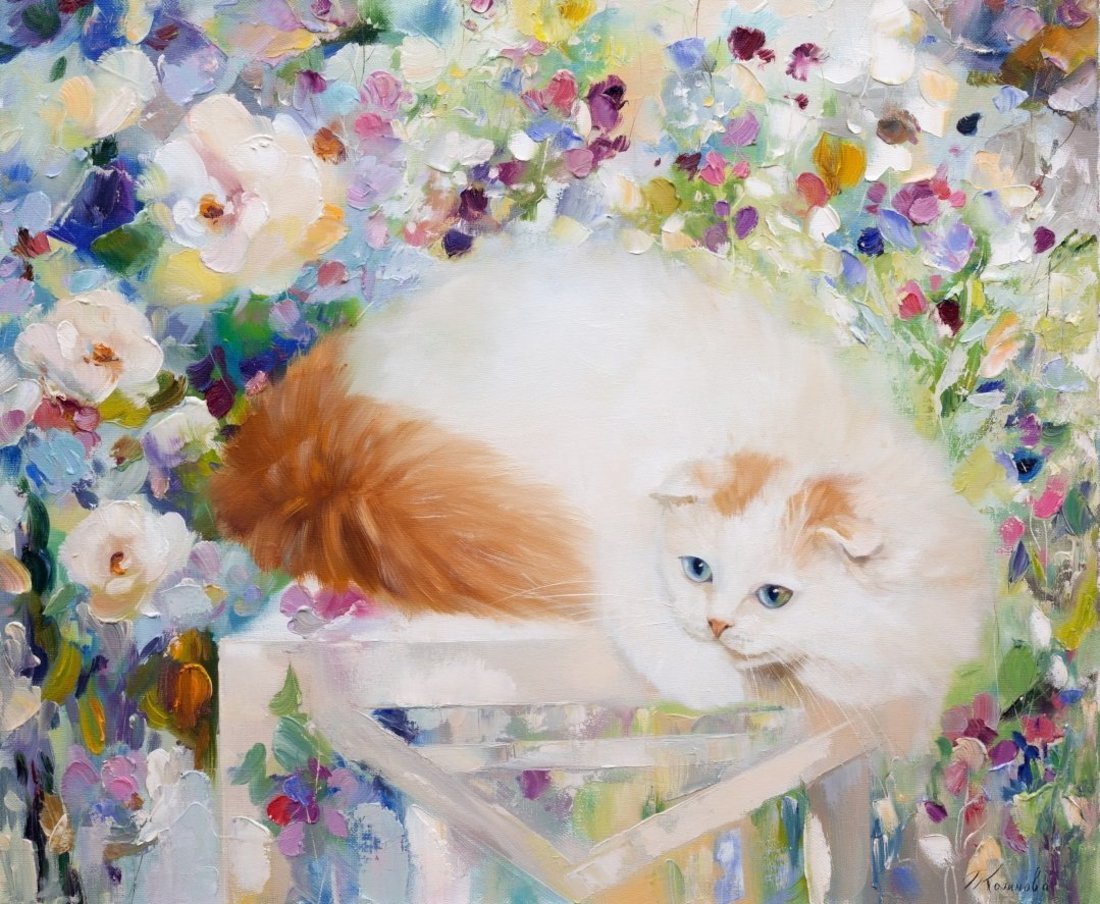 Алмазная мозаика Белая кошка в саду, 30х40 см, 30 цв., полн. заполнение, с подр.