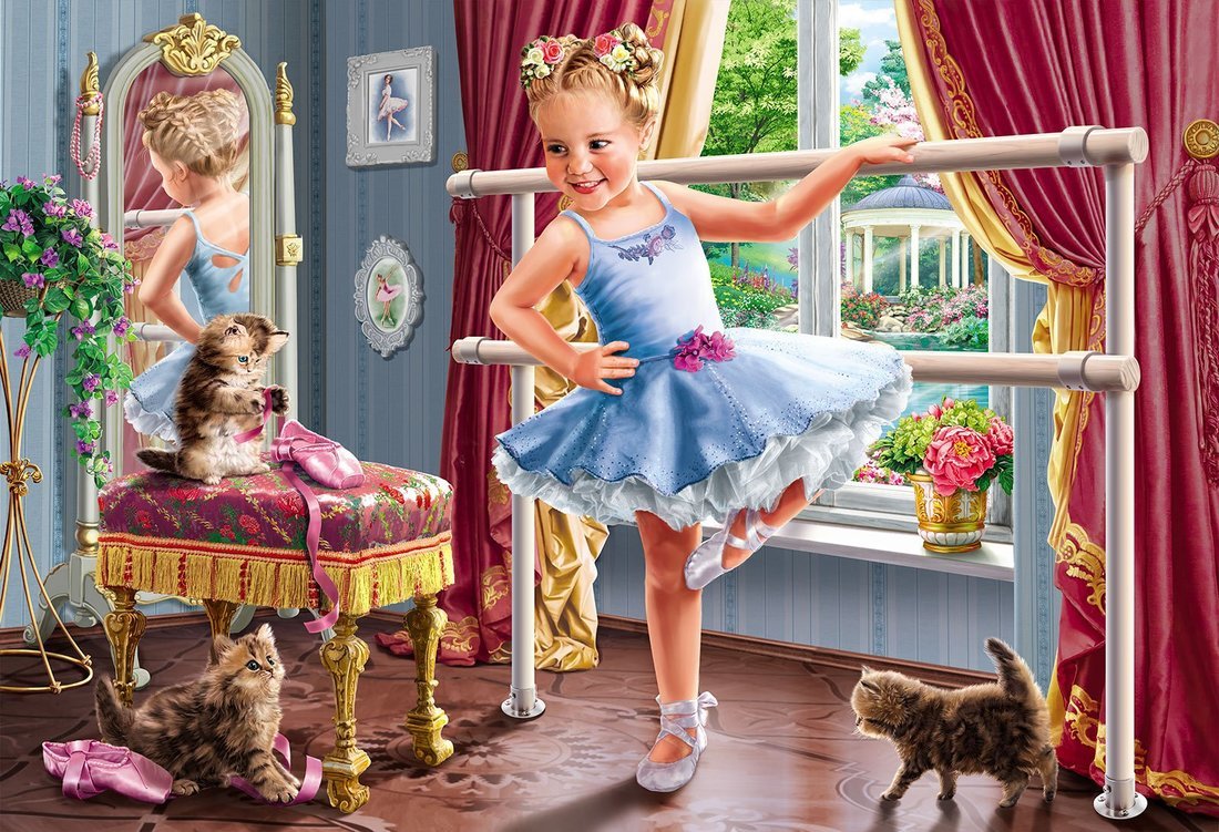 Роспись по холсту Маленькая балерина с котятами, 40х50 см