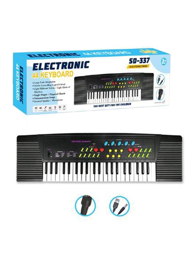 Музыкальный инструмент: Синтезатор, 44 клавиши, микрофон, USB кабель, эл. пит. ААх4 не вх. в комплект, коробка