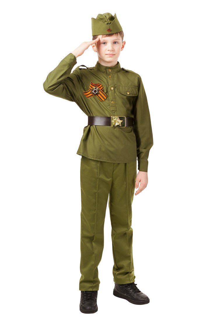 Костюм Солдат: гимнастерка, брюки, пилотка, ремень, георгиевская лента, размер 152