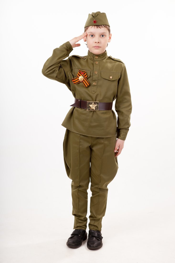 Костюм Солдат: гимнастерка, брюки, пилотка, ремень, георгиевская лента, размер 146-76