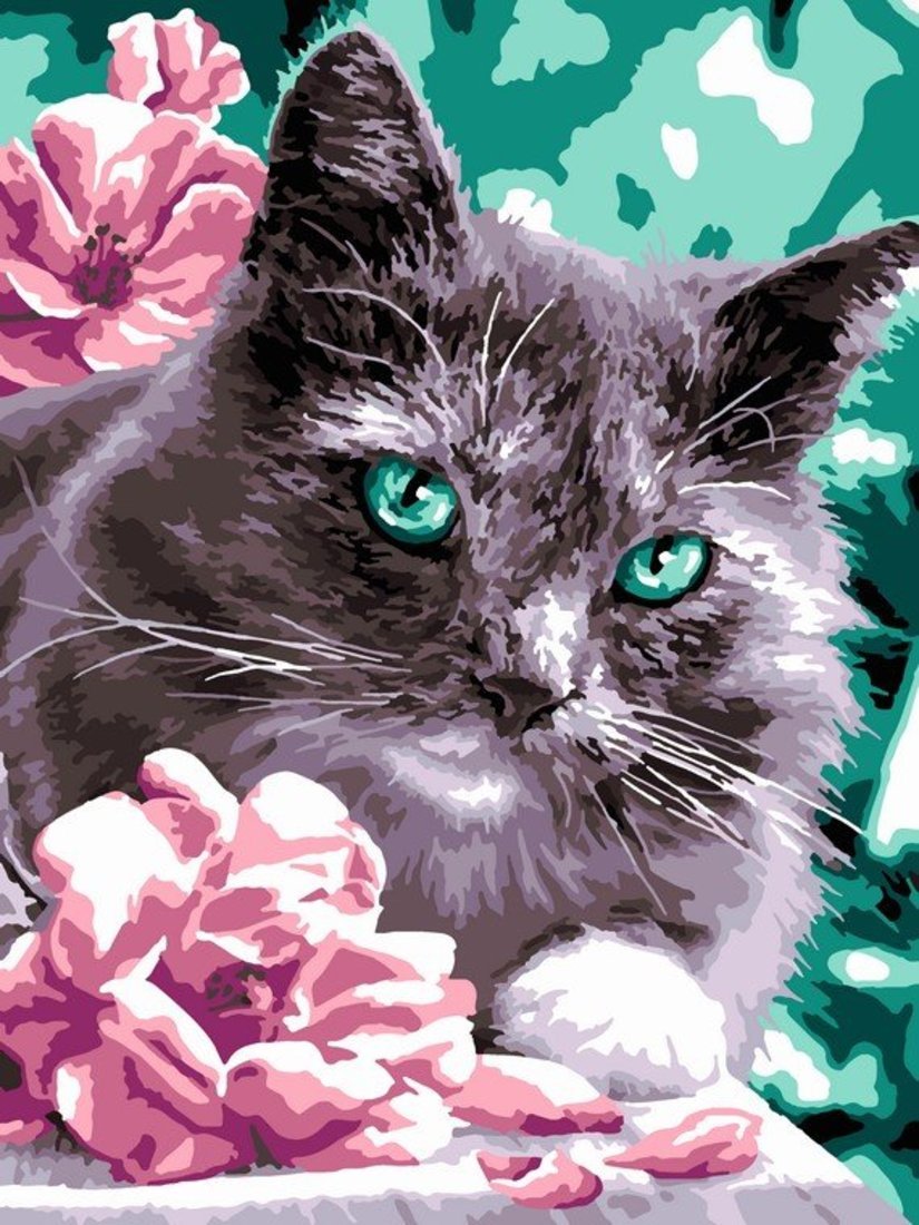Картина по номерам на картоне Котик в цветах 40х50 см