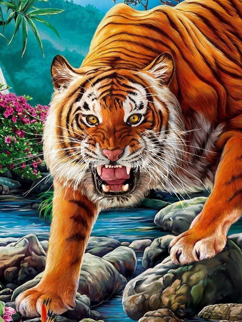 Алмазная мозаика Рычащий тигр в джунглях, 17х22 см, 18 цв, полн. заполнение, с подр.