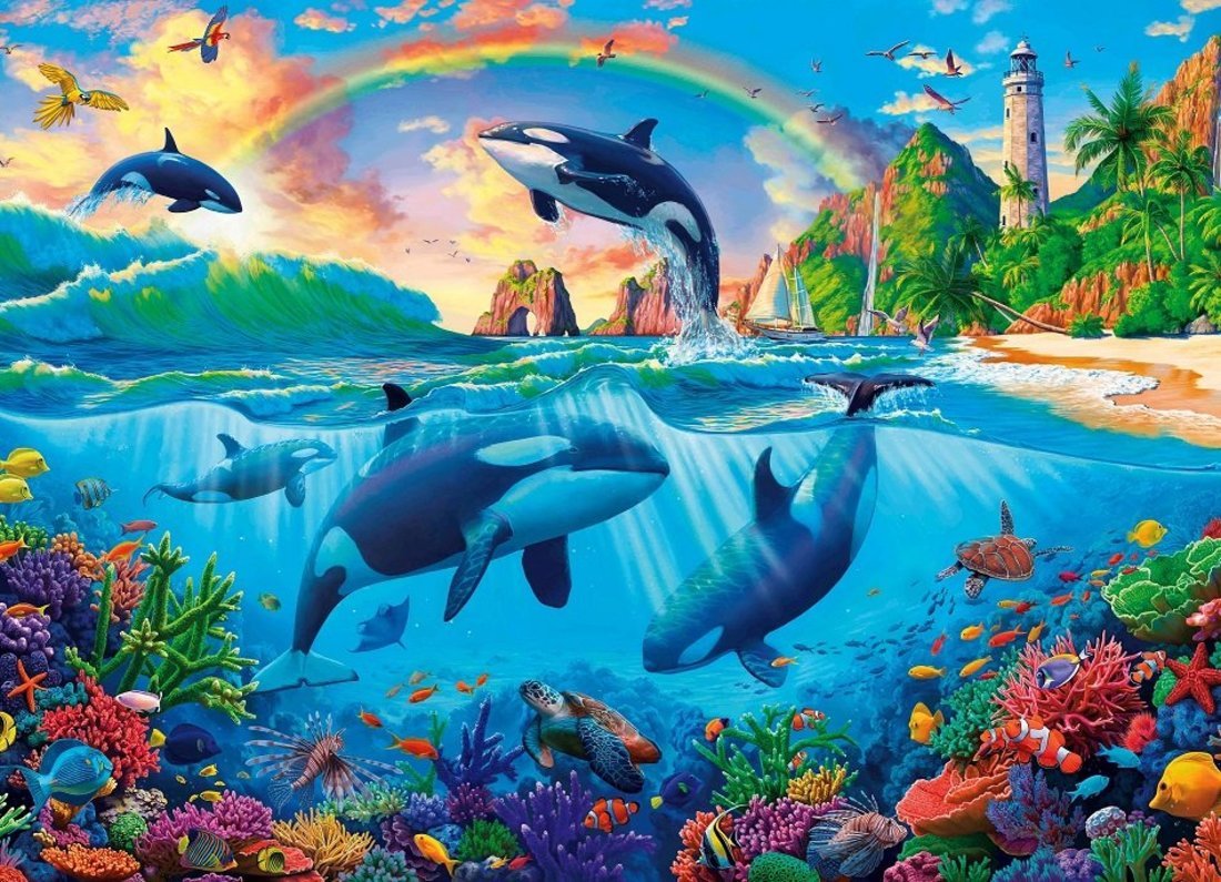 Алмазная мозаика Пейзаж с дельфинами 40х50 см, 30 цв, полн. заполнение, с подр.