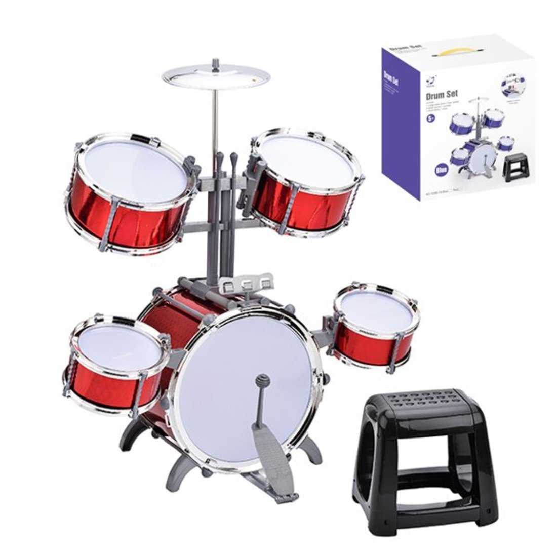 Музыкальная игрушка барабанная установка, 5 барабанов, тарелка, стульчик, в ассорт., кор.