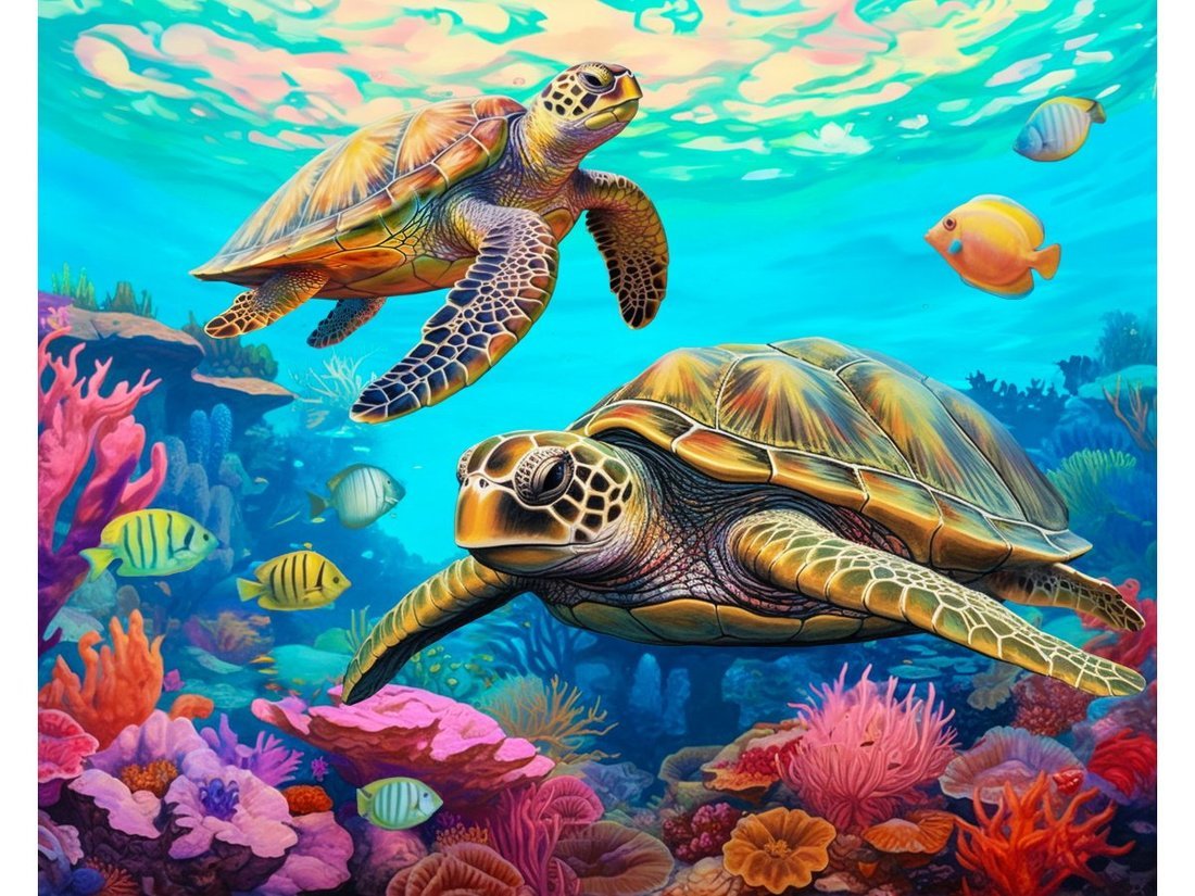 Алмазная мозаика Морские черепахи на рифе, 40х50 см, 30 цв., полн. заполнение, с подр.