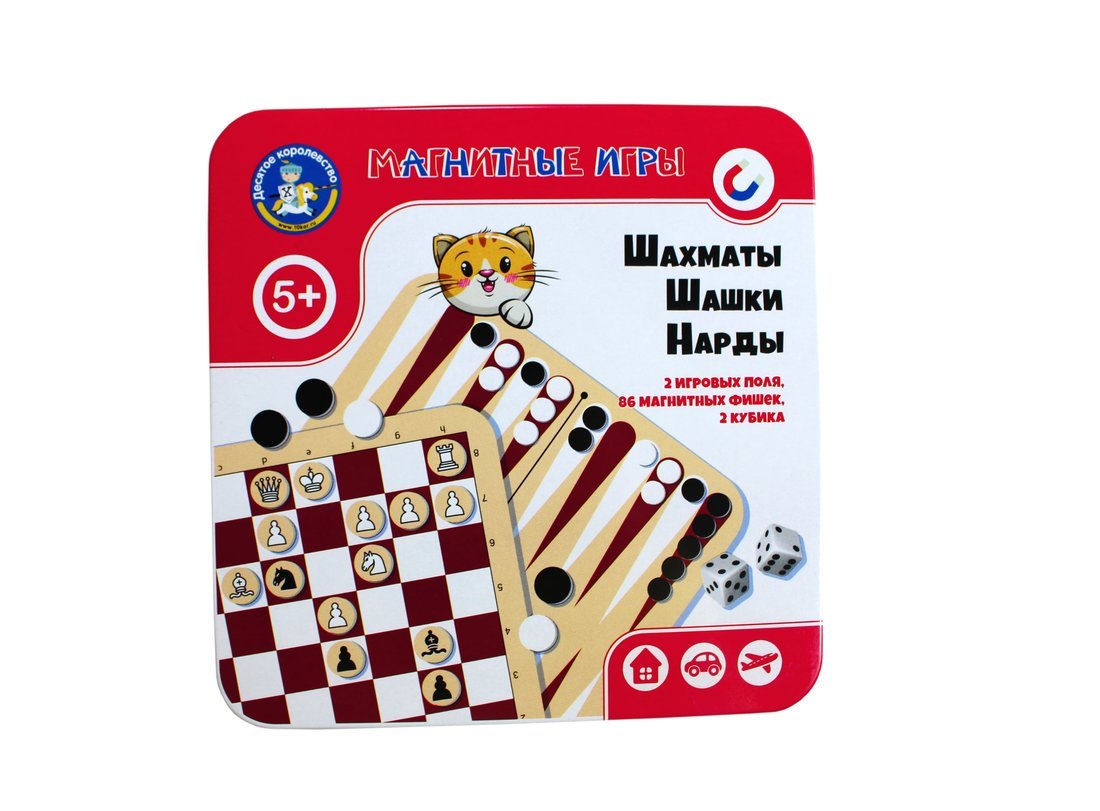 Игра магнитная в жестяной коробочке Шахматы, шашки, нарды