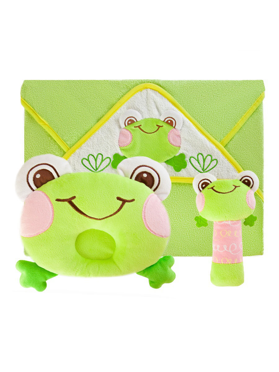 Подарочный набор "Забавный лягушонок": полотенце, погремушка и подушка