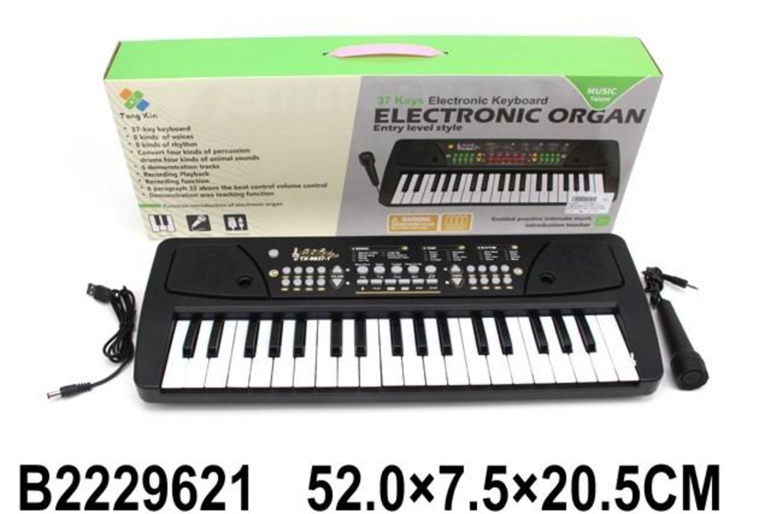 Музыкальный инструмент: Синтезатор, звук, 37 клавиш, микрофон, USB кабель, эл. пит. ААх4 не вх. в комплект, коробка