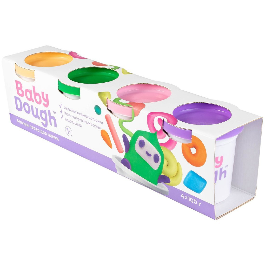 Тесто для лепки BabyDough, набор 4 цвета (персиковый, нежно-розовый, зеленый, фиолетовый)