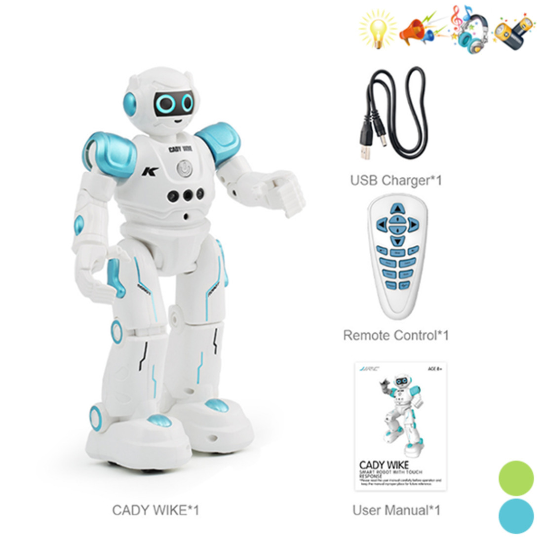 Робот, ИК управление, в комплекте: встроенный аккумулятор, USB шнур, элементы питания АА*2шт. не входят, коробка